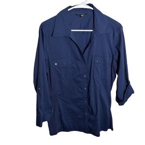 Zac & Rachel Blouse Women's XL Navy Blue Button Up 3/4 Sleeve Collared Shirt